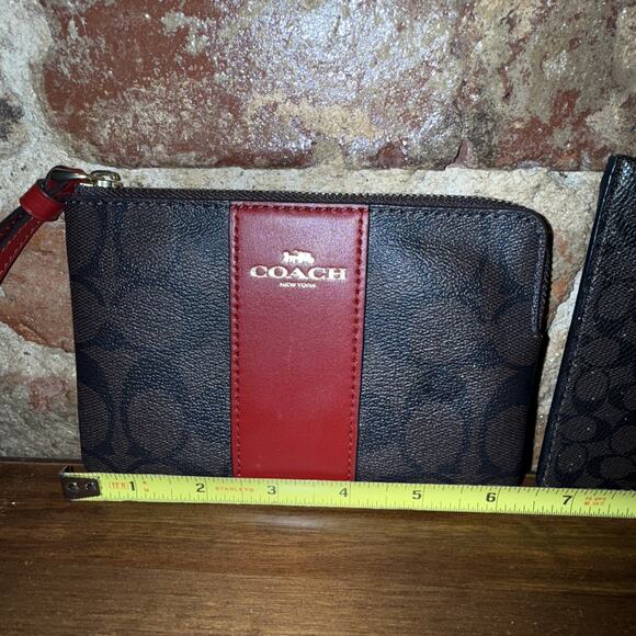 Coach Corner Zip Wristlet Gold/Brown Red Accent Canvas - Plus Coach Clutch 9in - Picture 5 of 8